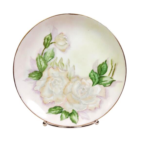 Antique Rose Floral Decorative Hand Painted Plate Gold Trim Unmarked 7.5" - Picture 1 of 7